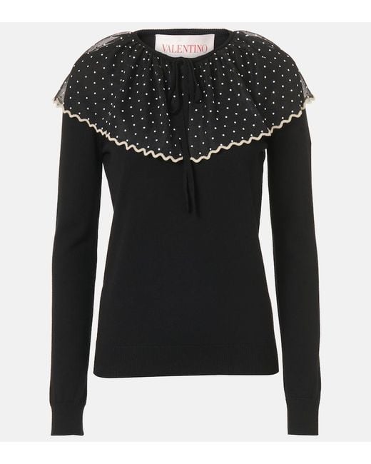 Valentino Black Tulle-Trimmed Wool Sweater