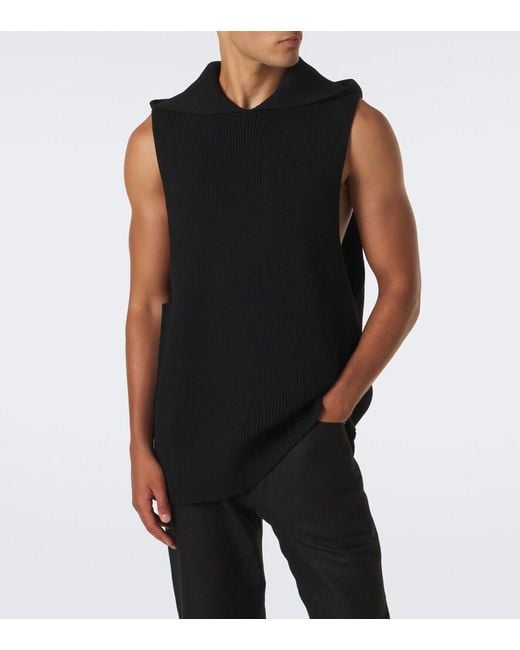 Rick Owens Black Hooded Ribbed-Knit Virgin Wool Tank Top for men