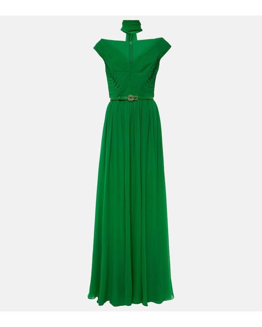 Elie Saab Green Off-Shoulder Silk Gown