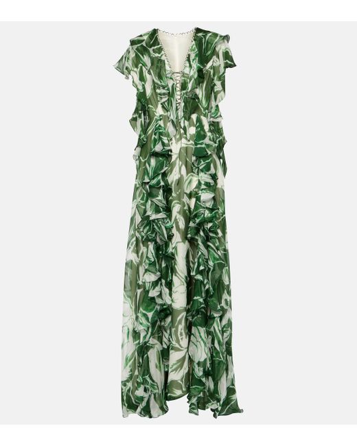 Costarellos Green Kalina Printed Ruffled Silk Gown