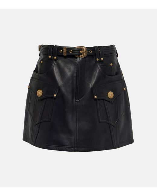 Balmain Black Belted A-line Leather Miniskirt