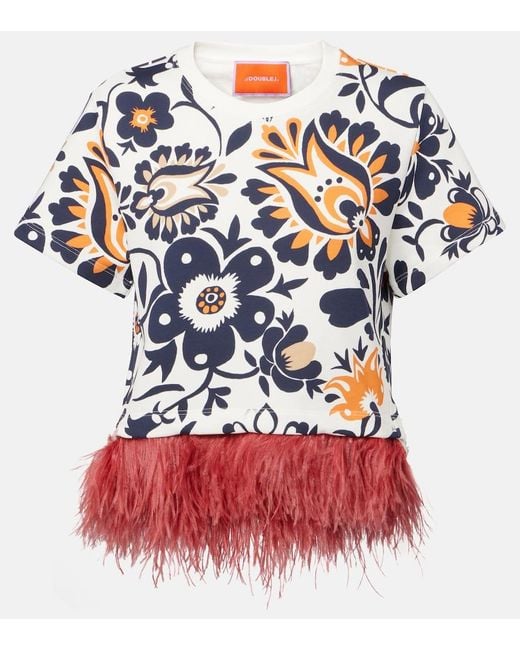 LaDoubleJ Red La Scala Feather-Trimmed Cotton Top