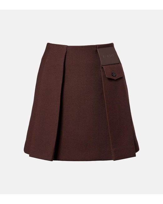 Loewe Brown Leather-Trimmed Pleated Wool And Silk Miniskirt
