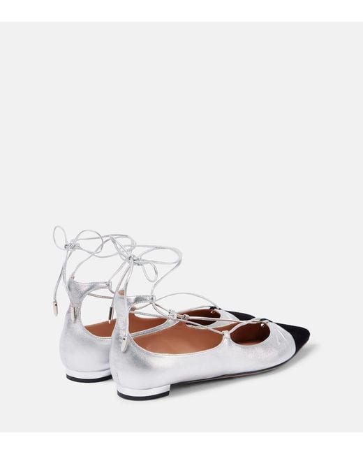 Aquazzura Gabi Suede-Trimmed Metallic Leather Flats