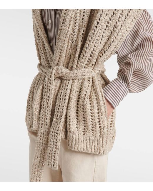 Brunello Cucinelli Natural Dazzling Silk And Linen-Blend Wrap Cardigan