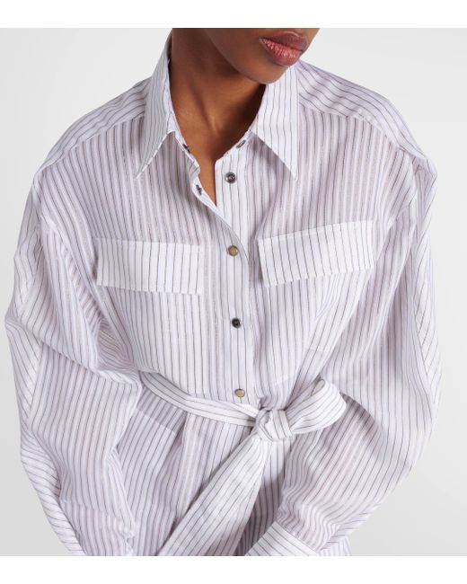 Brunello Cucinelli White Striped Cotton And Silk-blend Shirt Dress