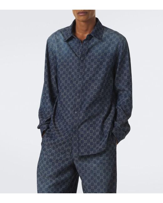 Gucci Blue Gg Cotton Chambray Jacquard Shirt for men