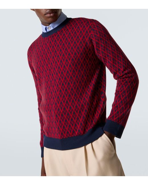 Valentino Red Toute La V Virgin Wool Jacquard Sweater for men