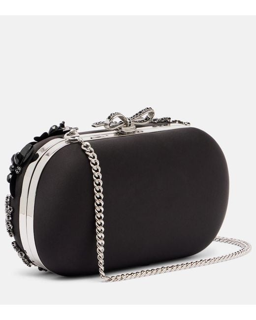 Self-Portrait Black Crystal-Embellished Floral Satin Clutch