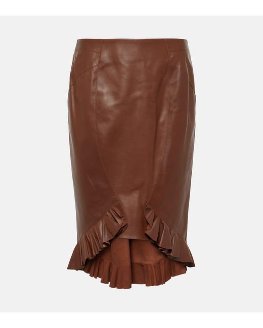 Tom Ford Brown Ruffled Leather Midi Skirt