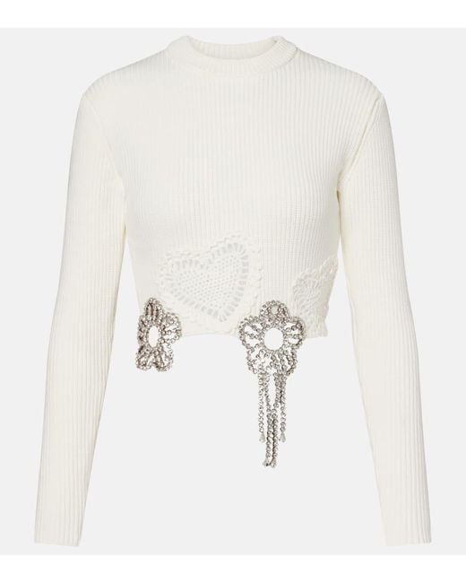 Area White Embellished Cotton-Blend Sweater