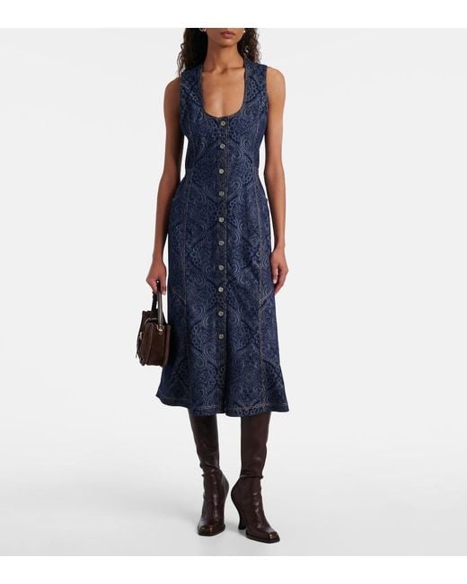 Etro Blue Printed Denim Midi Dress