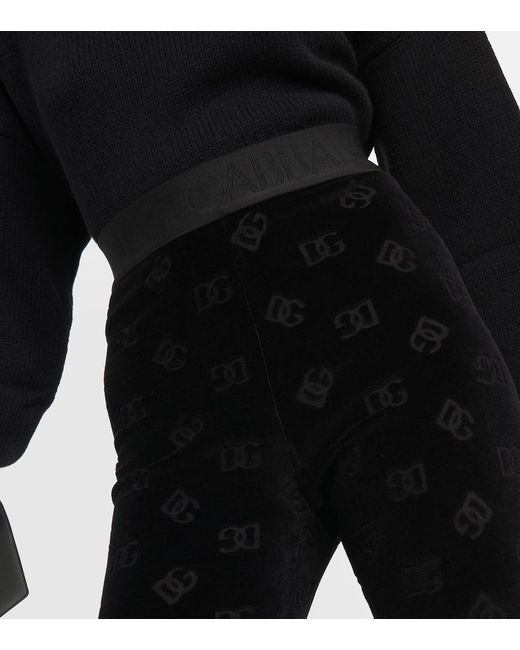 Leggings a vita alta in velluto con logo di Dolce & Gabbana in Black