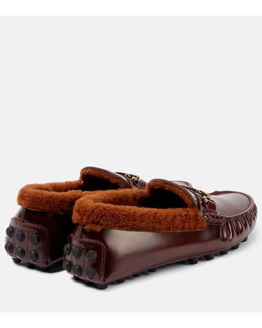 Tod's Brown Shearling-Trimmed Leather Loafers