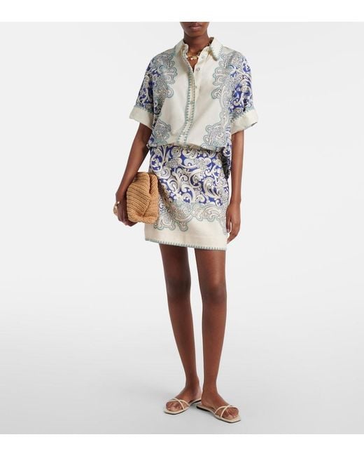 ALÉMAIS Blue Printed Linen And Cotton Miniskirt