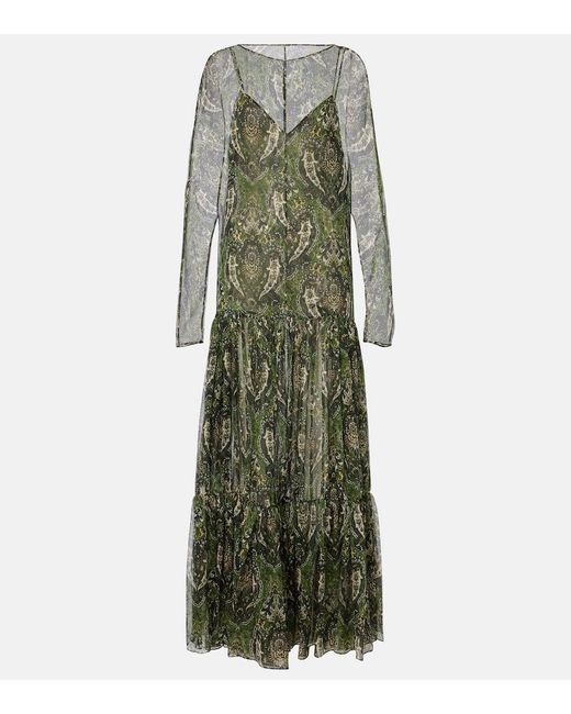 Vestido Largo De Crepon De Seda Con Paisley Saint Laurent de color Green
