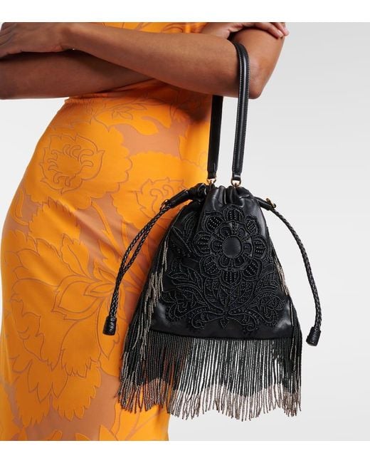 Etro Black Kalispera Small Fringed Leather Bucket Bag