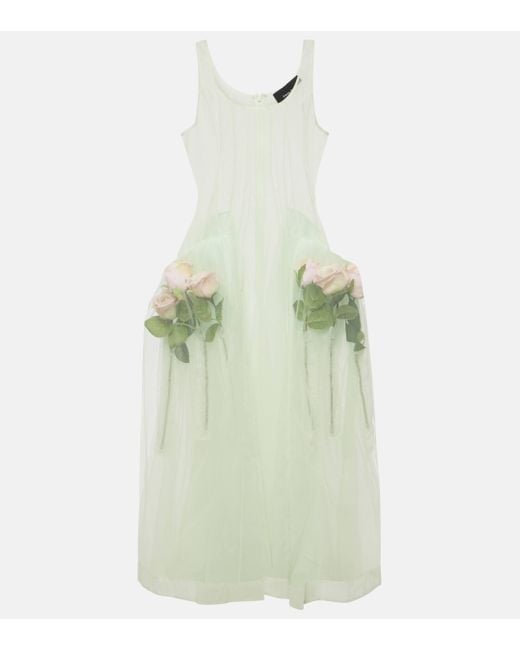 Simone Rocha Green Floral-Applique Tulle Midi Dress
