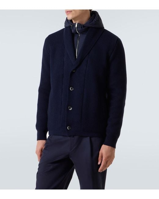 Herno Blue Layered Wool And Technical Cardigan for men