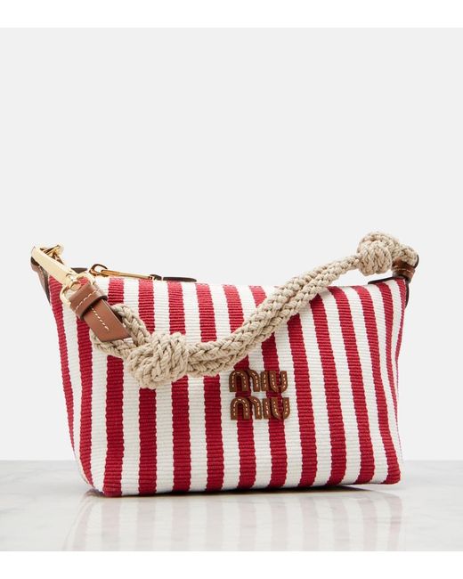 Miu Miu Red Striped Leather-Trimmed Top-Handle Bag