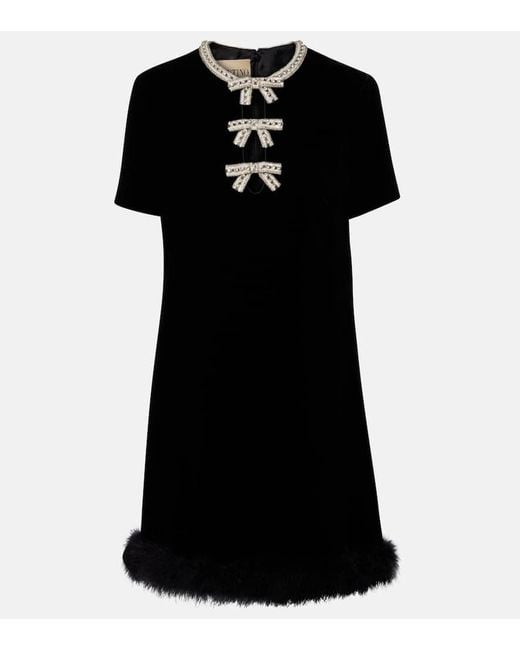 Valentino Black Minikleid Aus Samt Mit Federn Und Kristallen