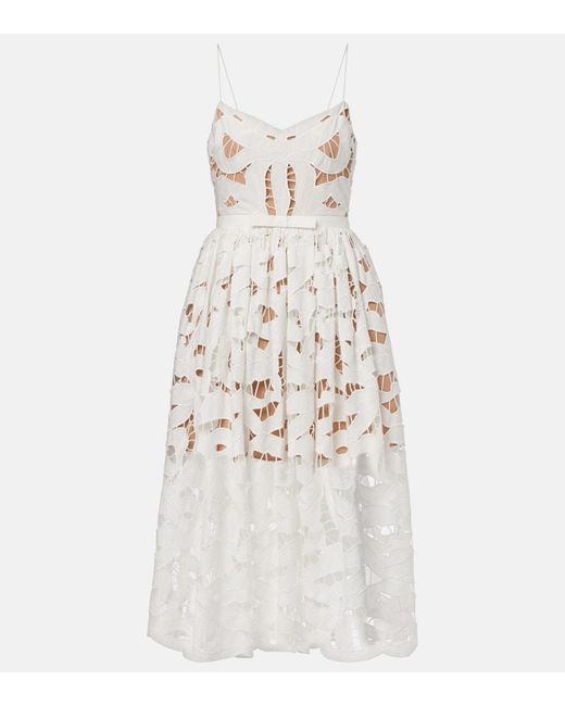 Self-Portrait White Bow Lace Linen And Cotton Midi Dress