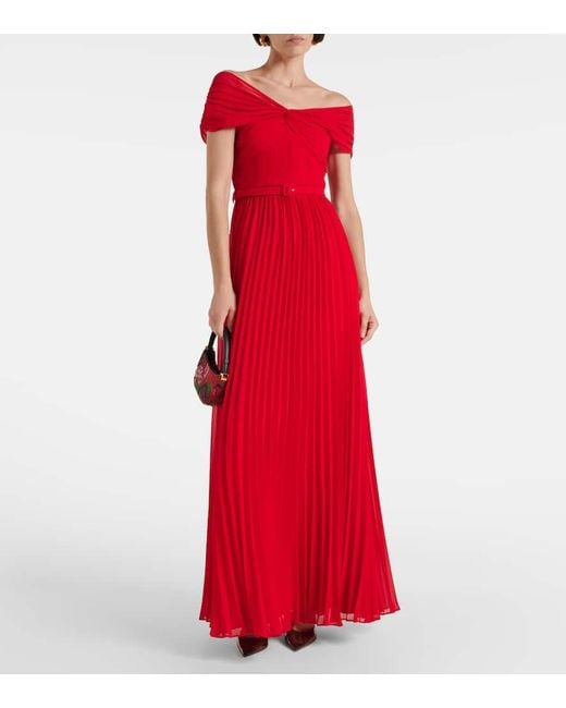 Self-Portrait Red Pleated Off-Shoulder Chiffon Gown