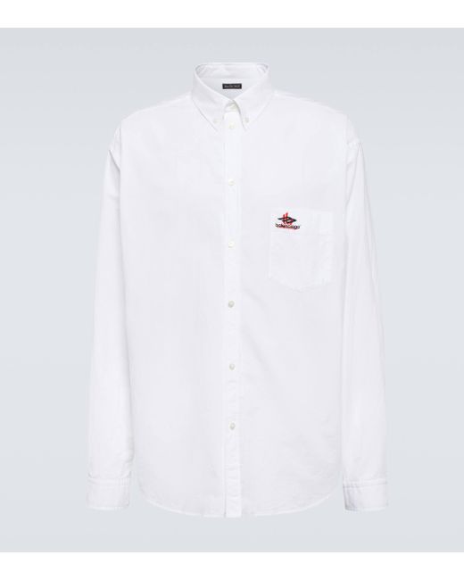 Balenciaga White Logo Embroidered Cotton Poplin Shirt for men