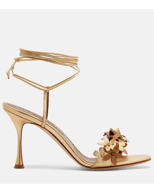 Manolo Blahnik Metallic Anista Floral-Applique Leather Sandals