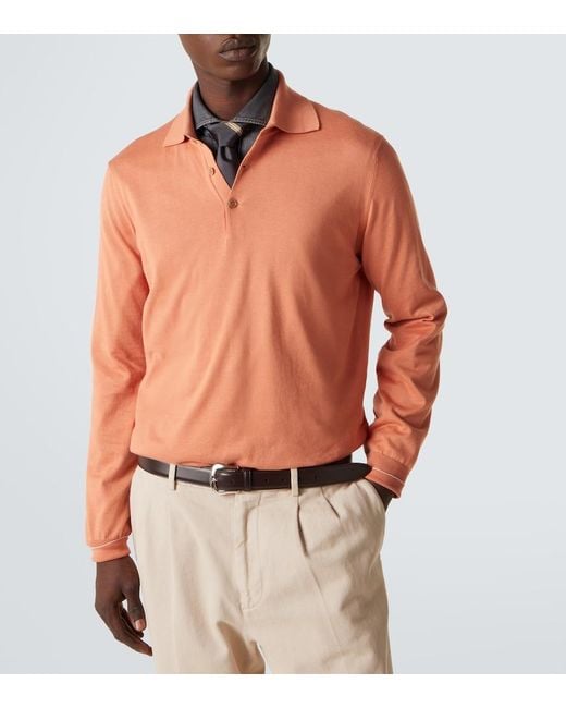 Brunello Cucinelli Orange Cotton Polo Sweater for men
