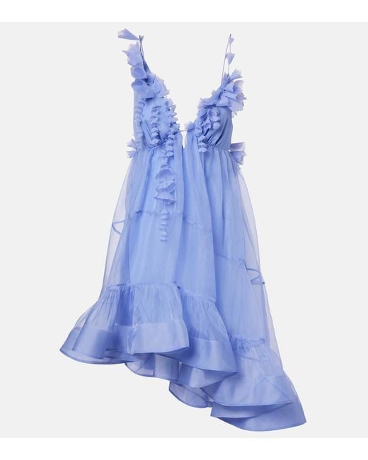 Zimmermann Blue Como Asymmetric Floral-Applique Silk Minidress