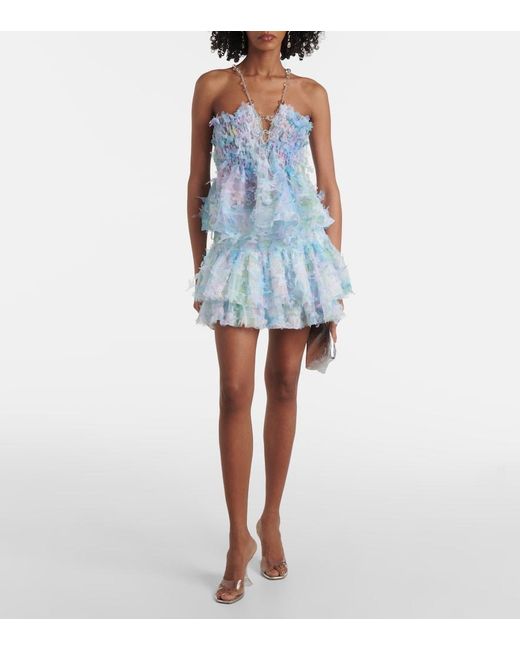SUSAN FANG Blue Floral-Applique Tiered Tulle Miniskirt