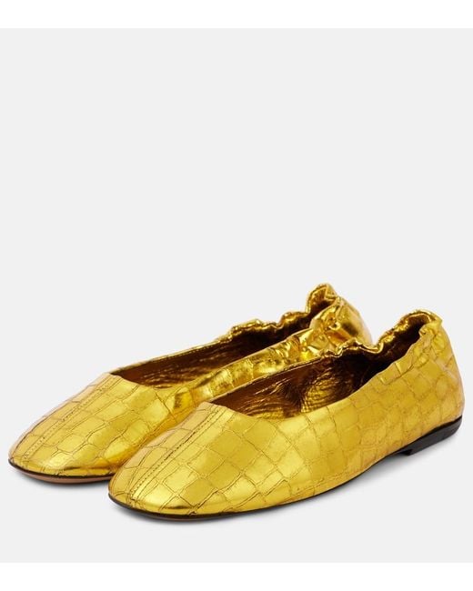 Dries Van Noten Yellow Metallic Croc-Effect Leather Ballet Flats