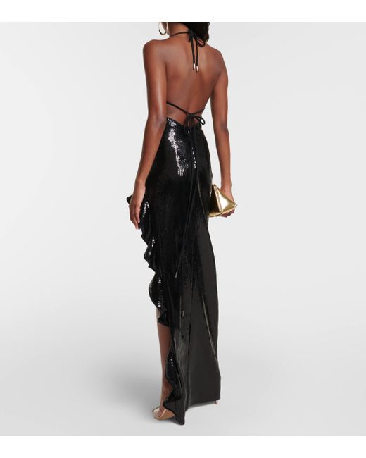 David Koma Black Ruffle-trimmed Sequined Gown