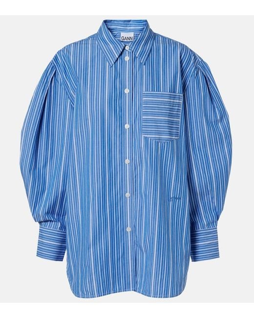 Ganni Blue Striped Oversized Cotton Poplin Shirt
