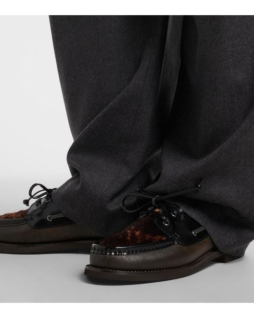 Brunello Cucinelli Black Monili Calf Hair-Trimmed Leather Boat Shoes