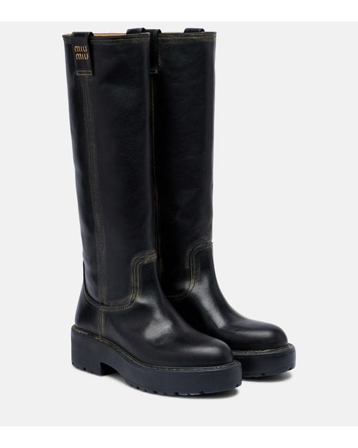 Miu Miu Black Logo Leather Knee-High Boots