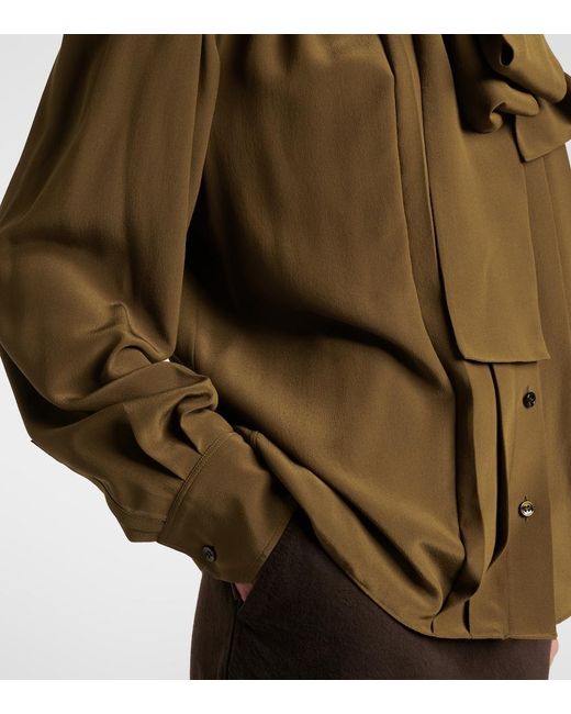 Saint Laurent Green Tie-Neck Silk Crepe De Chine Blouse