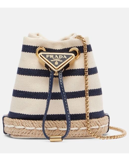 Prada White Mini Striped Canvas Bucket Bag