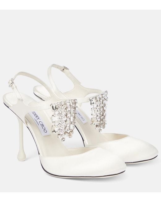 Jimmy Choo White Verity 95 Embellished Satin Pumps