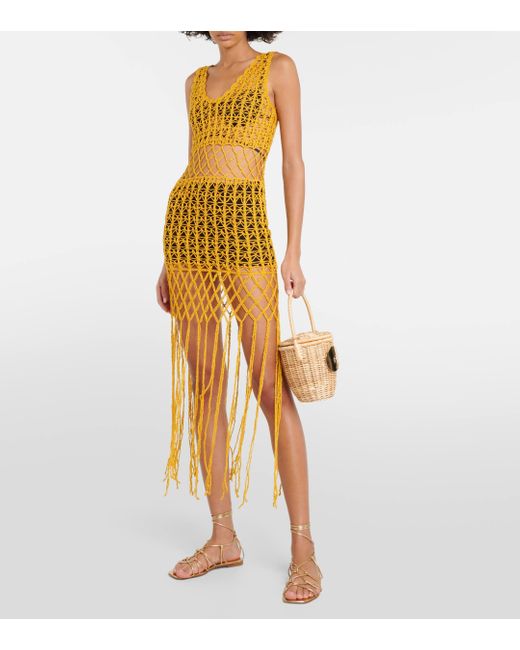 Anna Kosturova Metallic Fringed Crochet Midi Dress