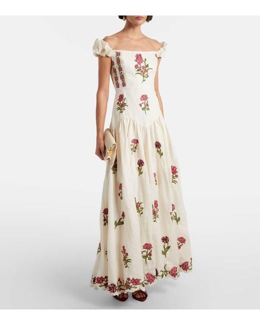 Agua Bendita Natural Siembra Embroidered Linen Maxi Dress