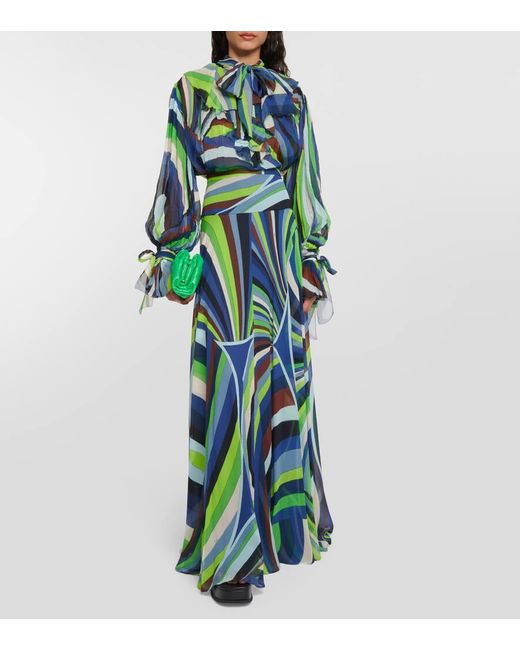 Emilio Pucci Green Printed Silk Chiffon Maxi Skirt