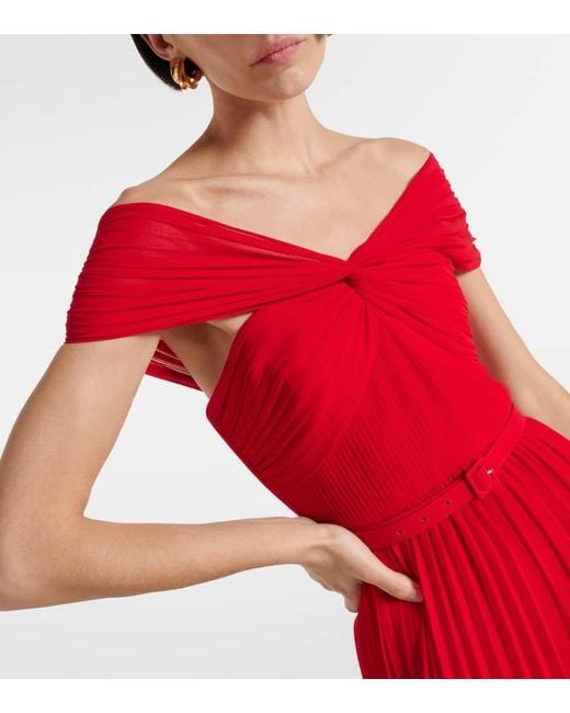 Self-Portrait Red Pleated Off-Shoulder Chiffon Gown