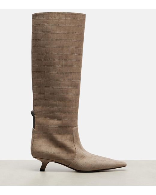 Brunello Cucinelli Brown Monili Croc-Effect Suede Knee-High Boots