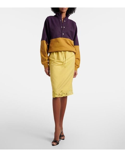Saint Laurent Yellow Lace-Trimmed Cotton And Silk Midi Skirt
