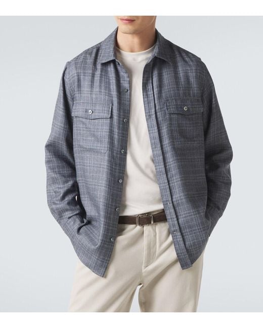 Agnona Blue Checked Wool, Silk, And Linen Shirt for men