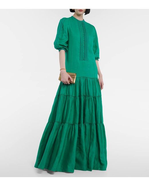 Costarellos Green Tiered Linen Maxi Dress