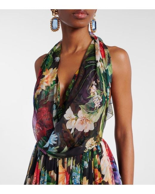 Dolce & Gabbana White Langes Kleid Aus Chiffon Mit Blumenbouquet-Print