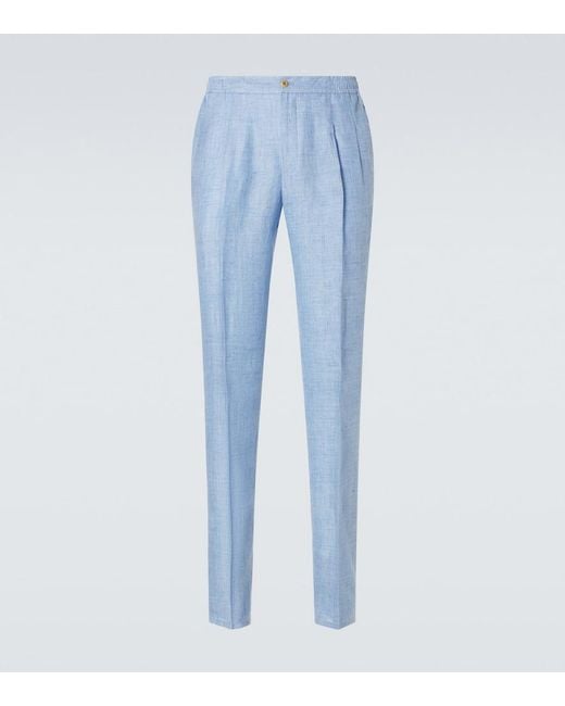 Rubinacci Blue Linen Slim Pants for men